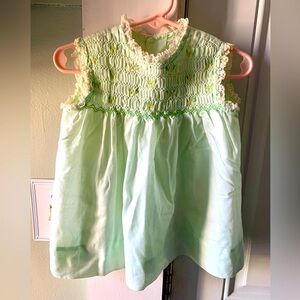 Vintage 80s Polly Flinders Infant Baby Green Dress Size 18m Hand Smocked